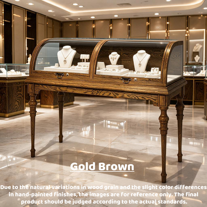 Lighted Wood Jewelry Display Case, Glass Curved Retail Showcase, Antique Store Fixture Cabinet