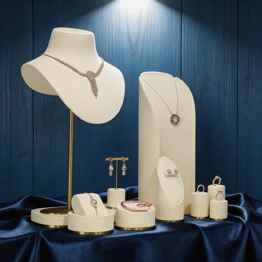 Beige Velvet Necklace Bust and Countertop Display Stands