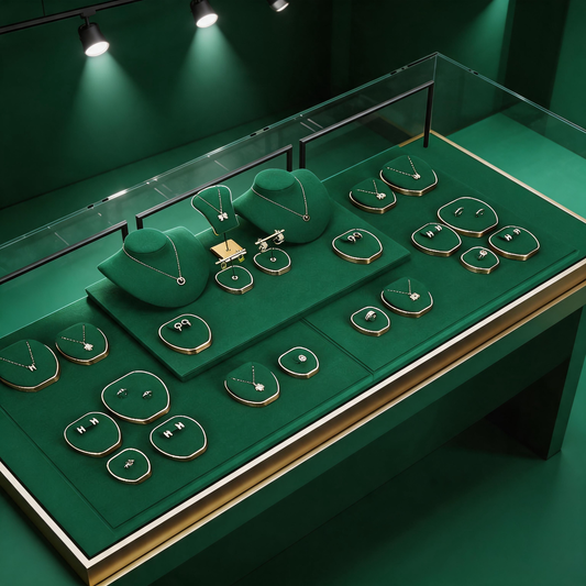 Green Suede and Gold Jewelry Showcase Trays and Necklace Busts