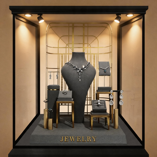 Charcoal Velvet Jewelry Display Set with Gold Metal Backdrop