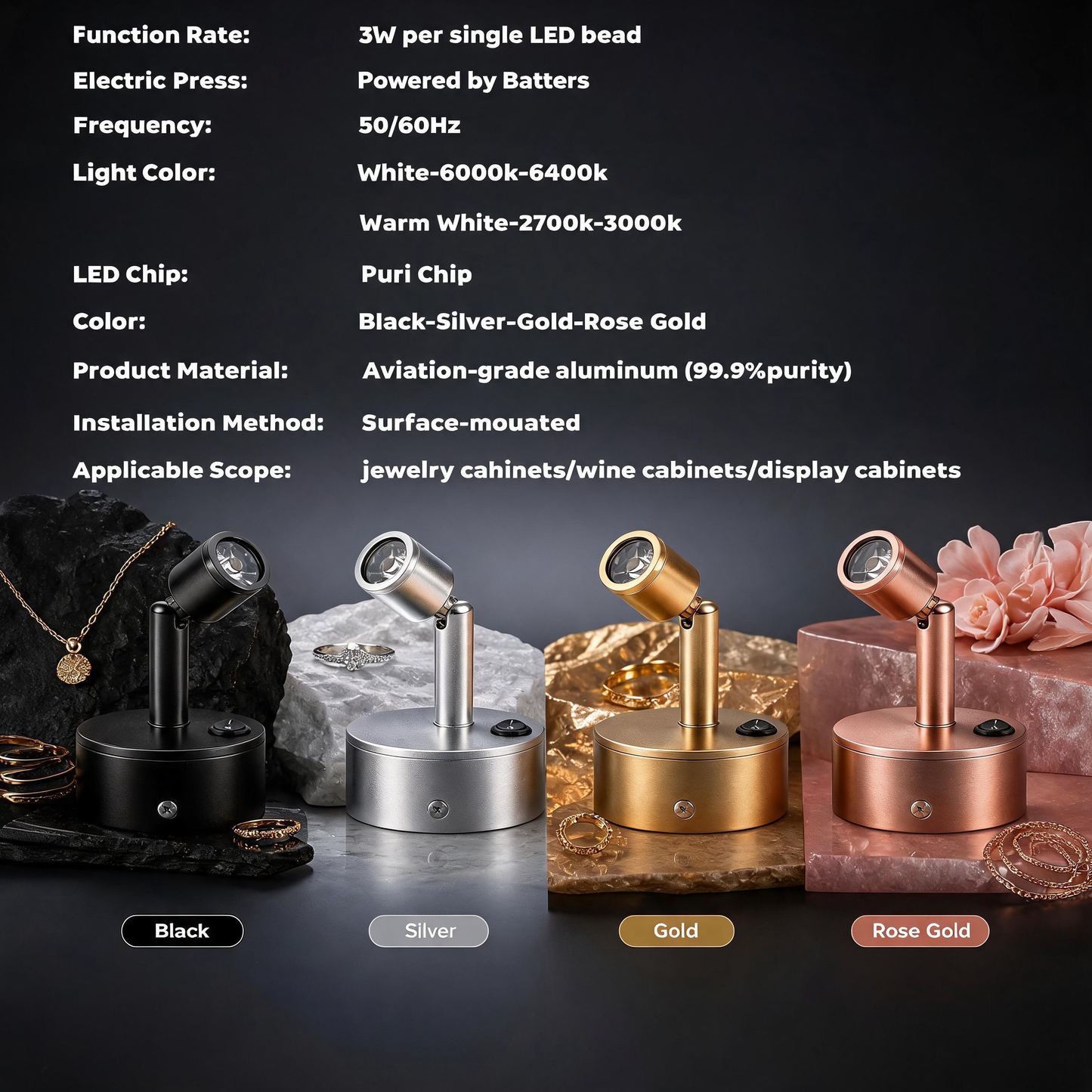 Battery-Powered LED Spotlight for Jewelry Display, Cordless Rechargeable Countertop Spot Lamp for Showcase