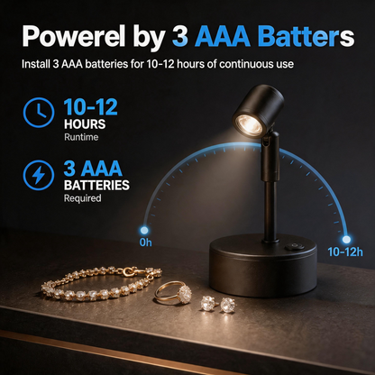 Battery-Powered LED Spotlight for Jewelry Display, Cordless Rechargeable Countertop Spot Lamp for Showcase