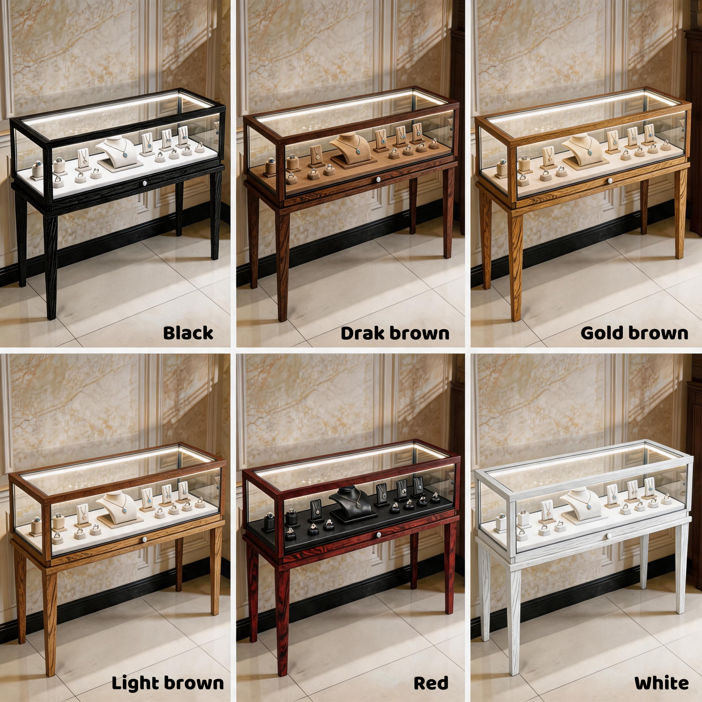 Solid Ash Wood Jewelry Display Cabinet, Adjustable LED Lighting, Retail Presentation Showcase