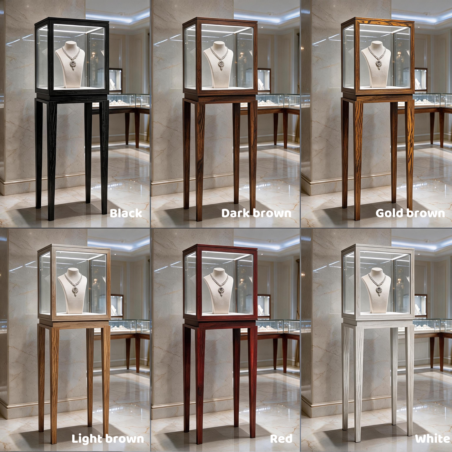 Luxury Wood Glass Display Cabinet, 360° LED Lighted Pedestal Showcase for Boutiques