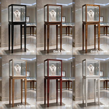 Luxury Wood Glass Display Cabinet, 360° LED Lighted Pedestal Showcase for Boutiques