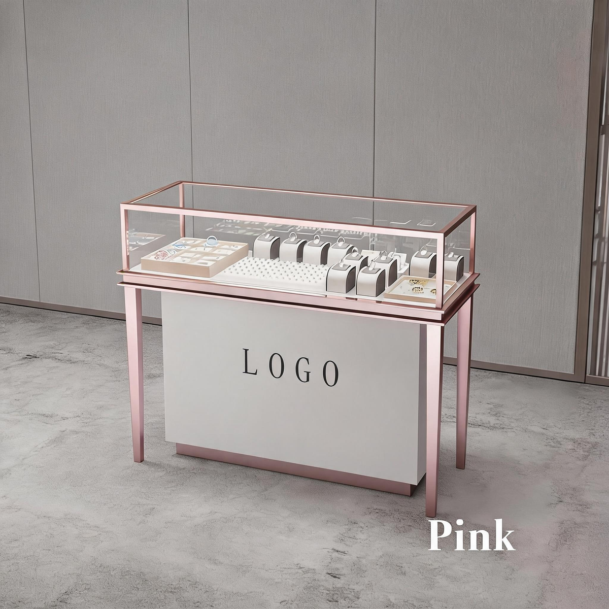 Stainless Steel Jewelry Display | Electroplated Metal Showcase with Glass Top & Logo Option for Boutiques