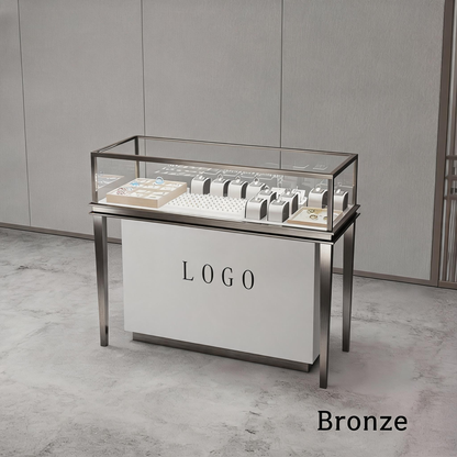 Stainless Steel Jewelry Display | Electroplated Metal Showcase with Glass Top & Logo Option for Boutiques