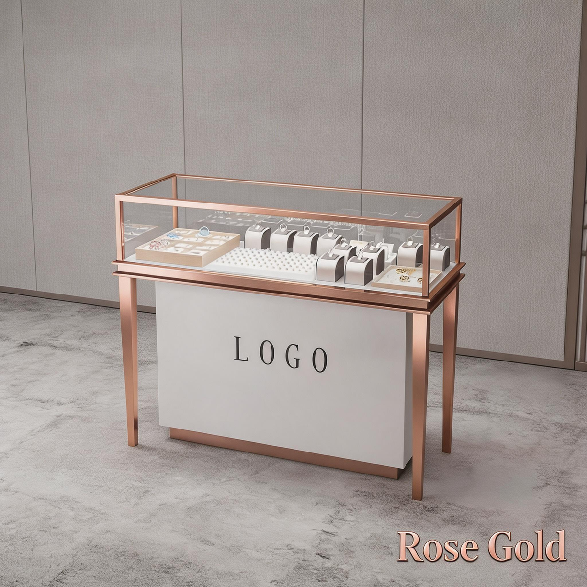 Stainless Steel Jewelry Display | Electroplated Metal Showcase with Glass Top & Logo Option for Boutiques