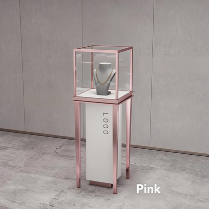 Stainless Steel Jewelry Display | Electroplated Metal Showcase with Glass Top & Logo Option for Boutiques