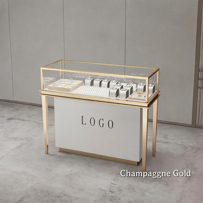 Stainless Steel Jewelry Display | Electroplated Metal Showcase with Glass Top & Logo Option for Boutiques