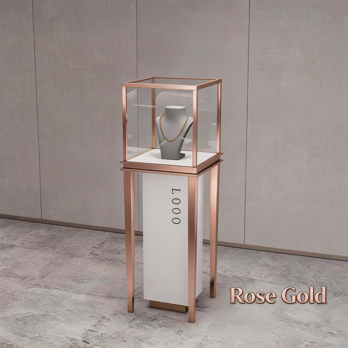 Stainless Steel Jewelry Display | Electroplated Metal Showcase with Glass Top & Logo Option for Boutiques