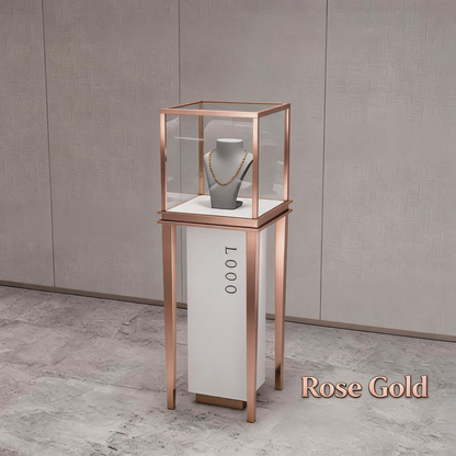 Stainless Steel Jewelry Display | Electroplated Metal Showcase with Glass Top & Logo Option for Boutiques
