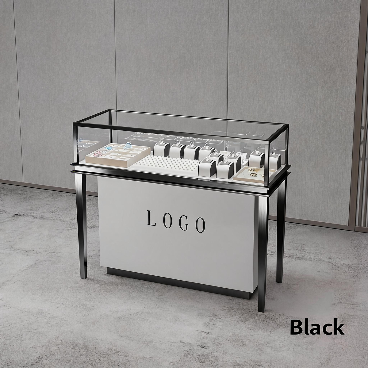Stainless Steel Jewelry Display | Electroplated Metal Showcase with Glass Top & Logo Option for Boutiques