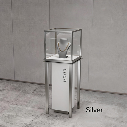 Stainless Steel Jewelry Display | Electroplated Metal Showcase with Glass Top & Logo Option for Boutiques
