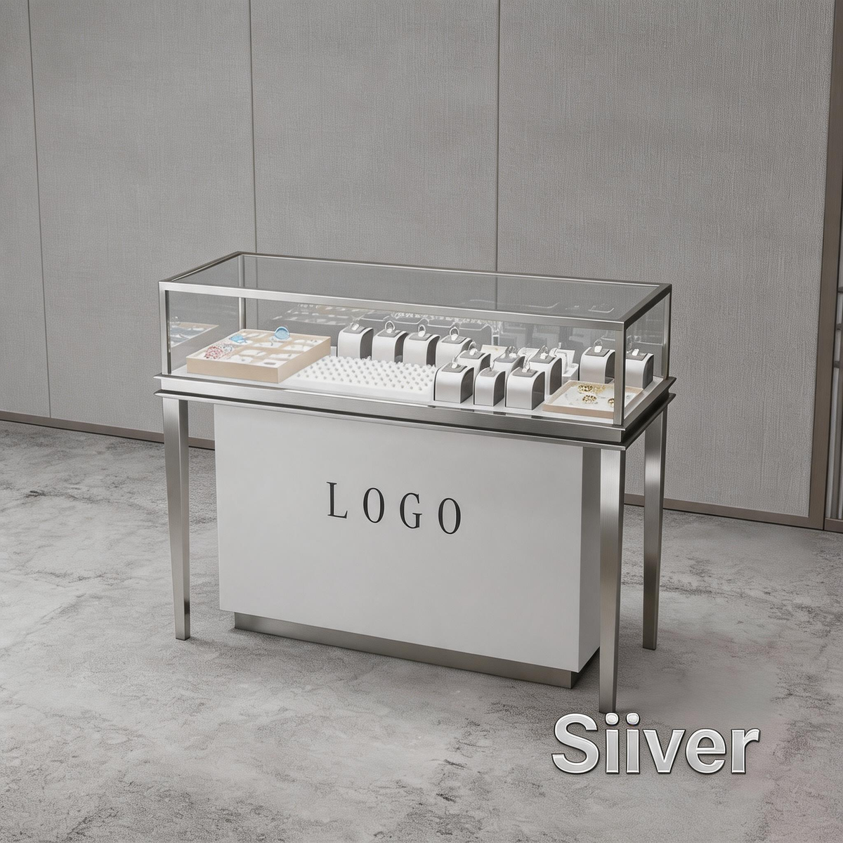 Stainless Steel Jewelry Display | Electroplated Metal Showcase with Glass Top & Logo Option for Boutiques
