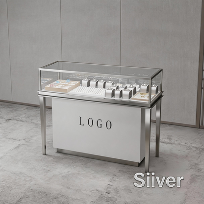 Stainless Steel Jewelry Display | Electroplated Metal Showcase with Glass Top & Logo Option for Boutiques