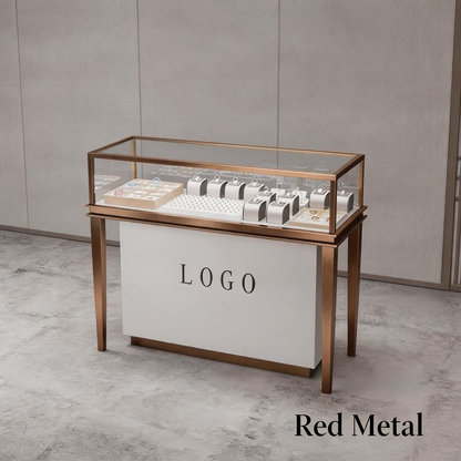 Stainless Steel Jewelry Display | Electroplated Metal Showcase with Glass Top & Logo Option for Boutiques