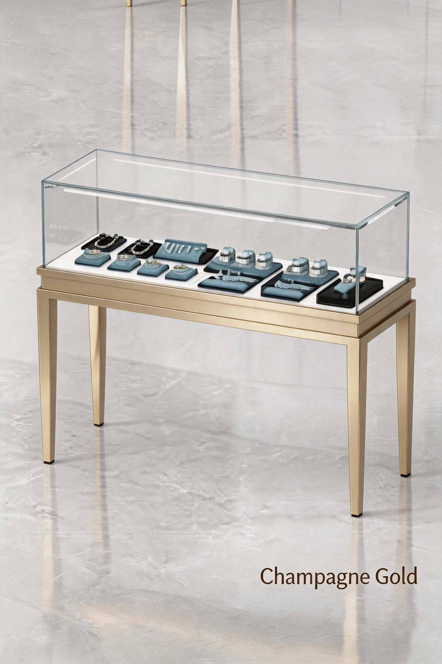 Stainless steel Luxury Jewelry Display Cabinet, Tempered Glass, Dual-Row LED, Gold Finish