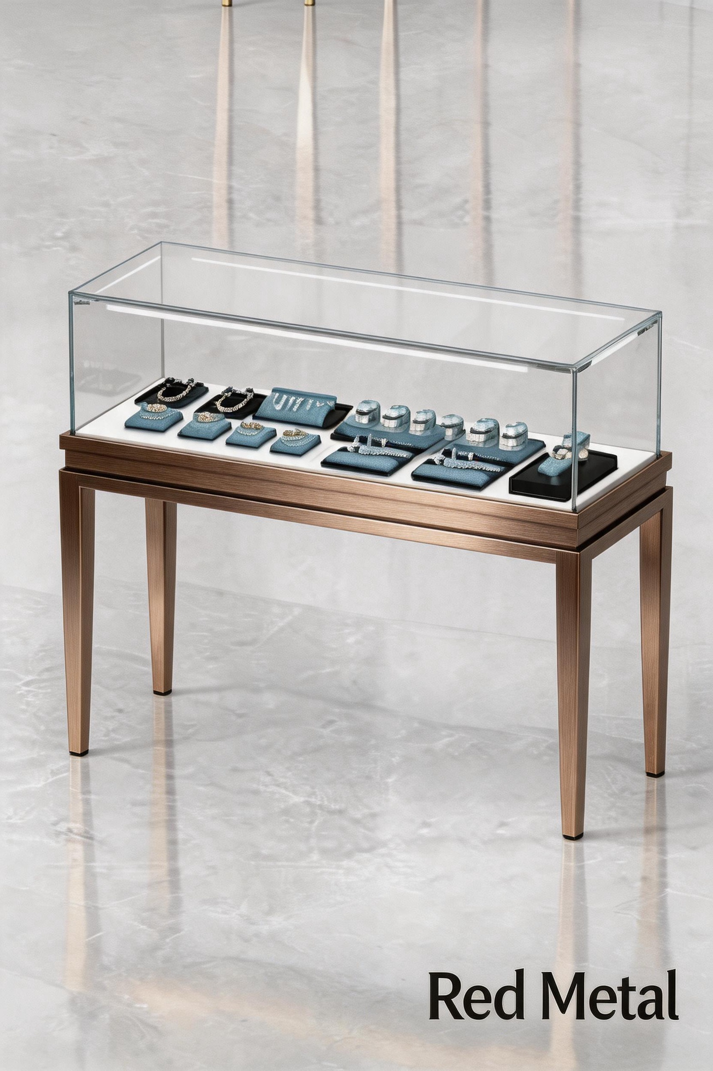 Stainless steel Luxury Jewelry Display Cabinet, Tempered Glass, Dual-Row LED, Gold Finish