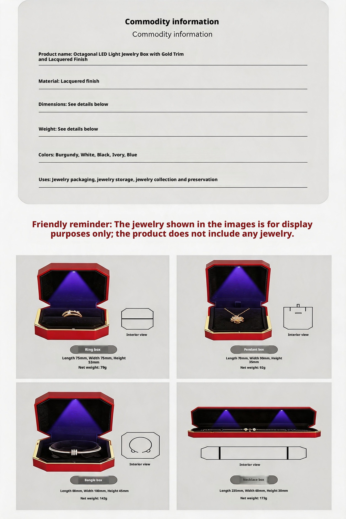 5pcs LED Jewelry Box with Light and Velvet Interior for Ring Necklace Gift