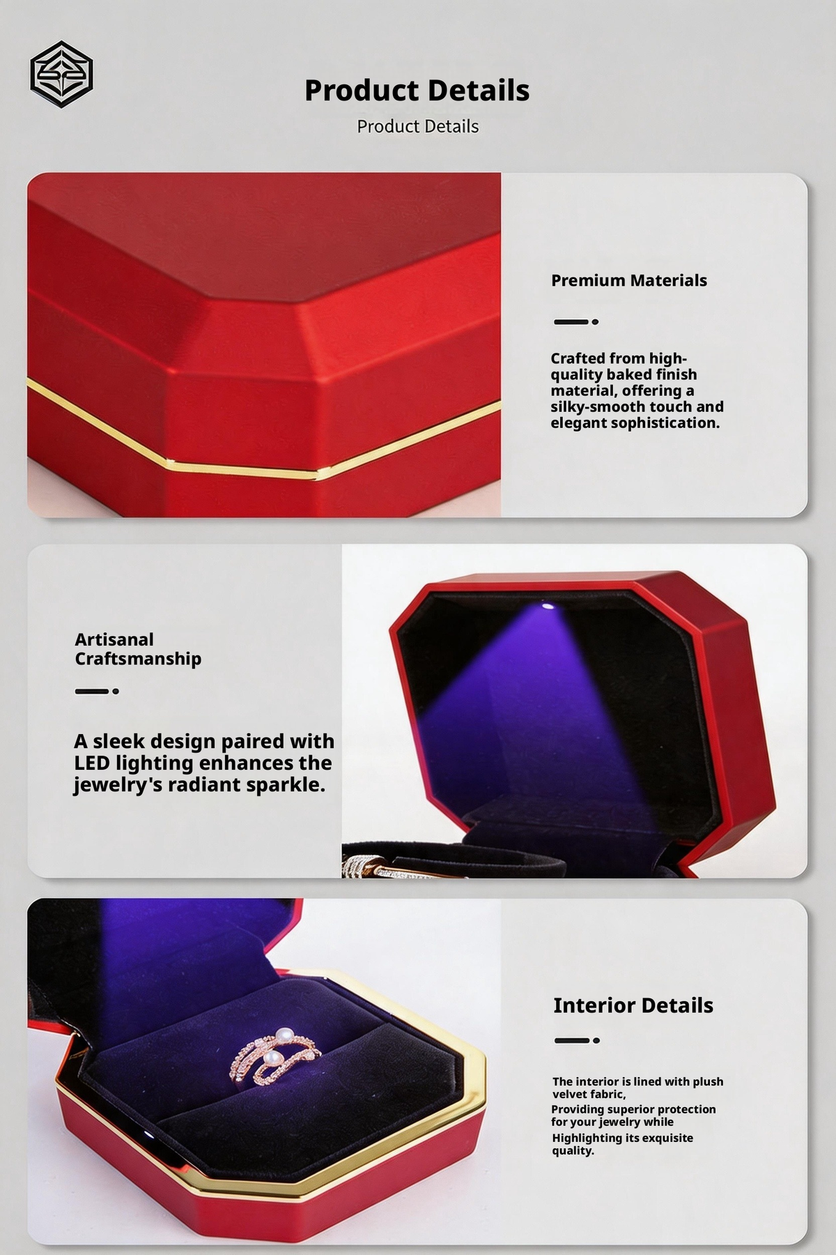 5pcs LED Jewelry Box with Light and Velvet Interior for Ring Necklace Gift