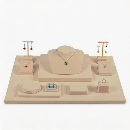 Beige Suede Jewelry Display Set with Necklace Stand for Vendors