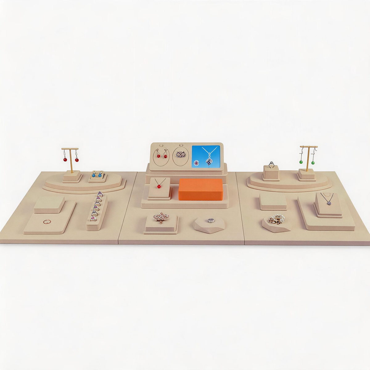 Beige Suede Jewelry Display Set with Necklace Stand for Vendors