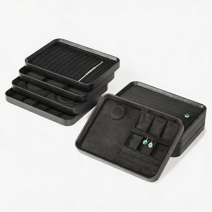 Black Leather Jewelry Tray with Velvet Lining for Rings and Necklaces