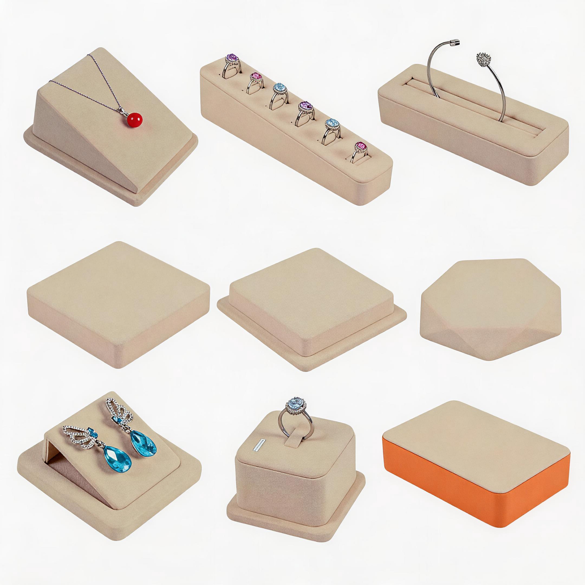 Beige Suede Jewelry Display Set with Necklace Stand for Vendors