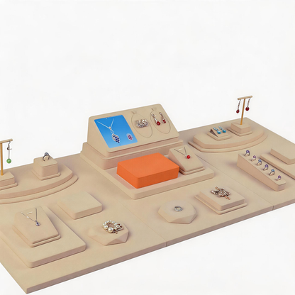 Beige Suede Jewelry Display Set with Necklace Stand for Vendors