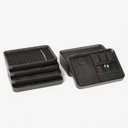 Black Leather Jewelry Tray with Velvet Lining for Rings and Necklaces
