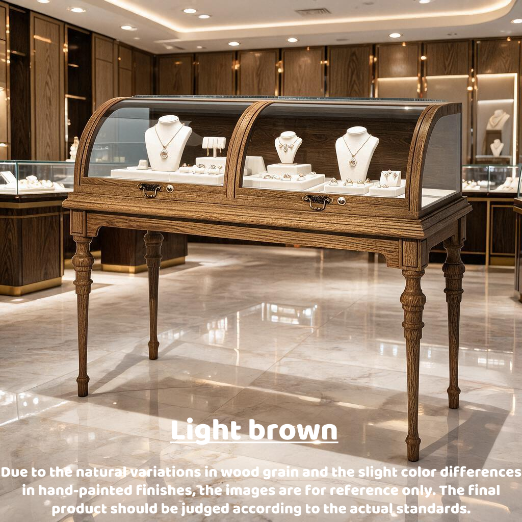 Lighted Wood Jewelry Display Case, Glass Curved Retail Showcase, Antique Store Fixture Cabinet