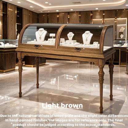 Lighted Wood Jewelry Display Case, Glass Curved Retail Showcase, Antique Store Fixture Cabinet