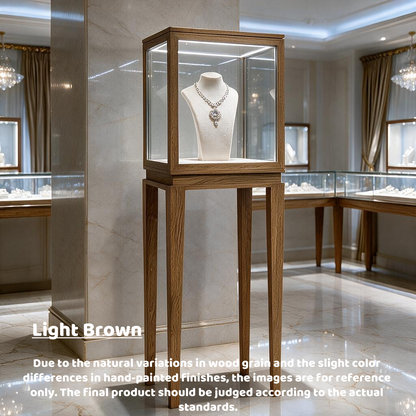 Luxury Wood Glass Display Cabinet, 360° LED Lighted Pedestal Showcase for Boutiques