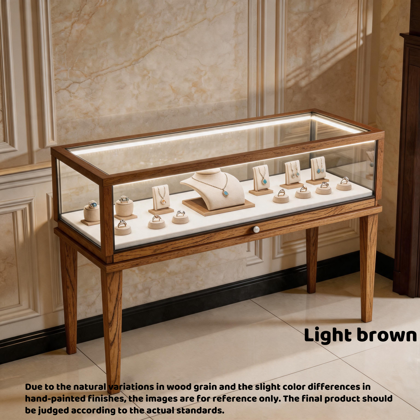 Solid Ash Wood Jewelry Display Cabinet, Adjustable LED Lighting, Retail Presentation Showcase
