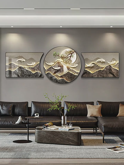 The living room decorative painting nine fish gather wealth map mural backed by the mountain high-grade atmosphere sofa background wall hanging painting triptych