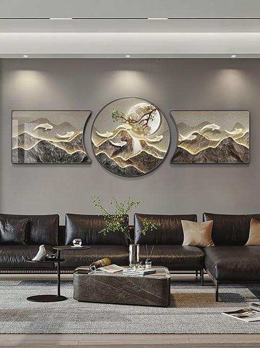 The living room decorative painting nine fish gather wealth map mural backed by the mountain high-grade atmosphere sofa background wall hanging painting triptych