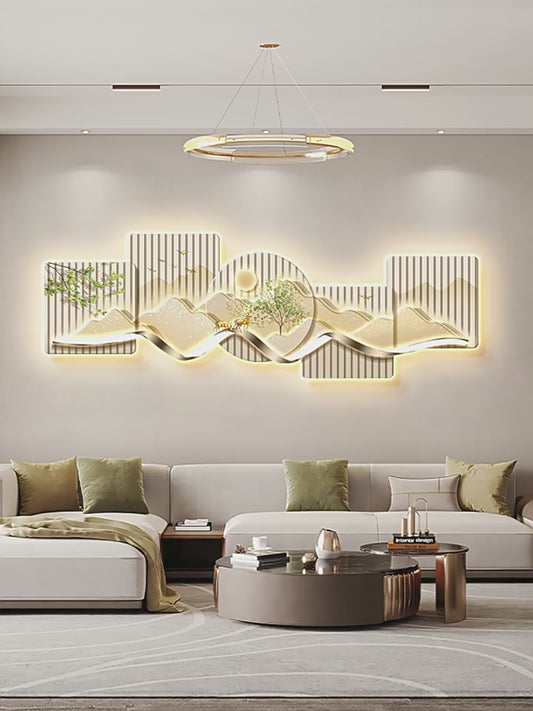 Stone to run the restaurant decorative painting wall clock modern light luxury living room clock hanging painting advanced sense wall lamp