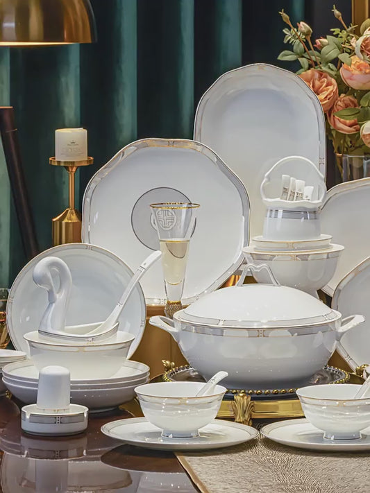 Jingdezhen bone China tableware set pure white underglaze porcelain bowl plate housewarming dish set home