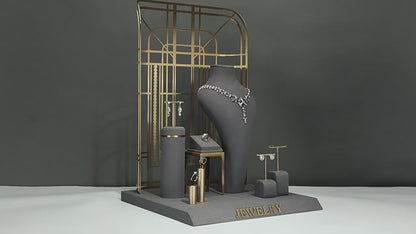 Charcoal Velvet Jewelry Display Set with Gold Metal Backdrop