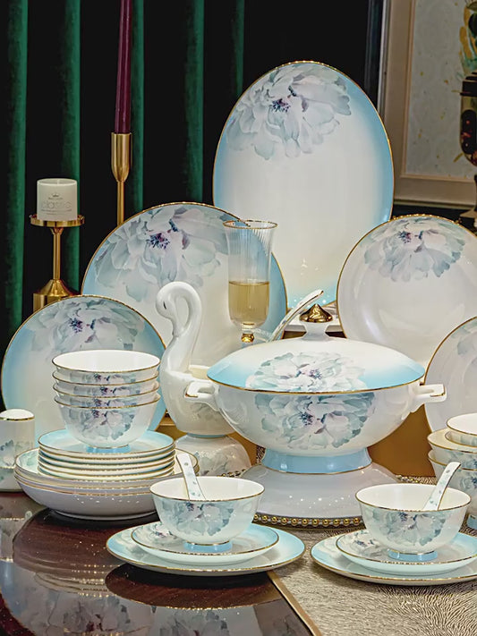 Jingdezhen white porcelain tableware set under glaze color light luxury dish set household housewarming gift bowl combination