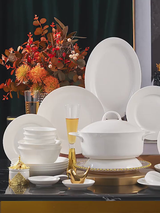Jingdezhen ceramic tableware set white porcelain dish set household under glaze color bowl plate moving bowl set