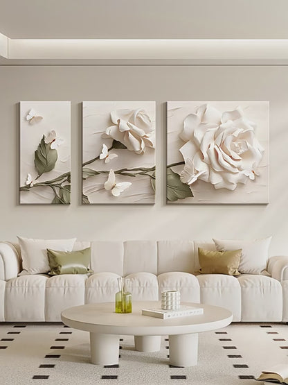 Flower cream style three-dimensional relief living room decoration painting simple high-level sense sofa background wall hanging painting triplet mural