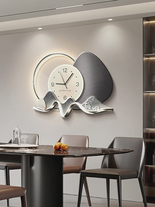 Stone to run the restaurant decorative painting wall clock modern light luxury living room clock hanging painting advanced sense wall lamp