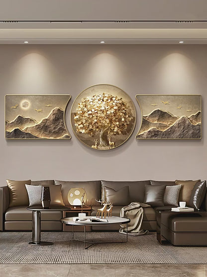Light luxury fortune tree living room decorative painting back with a sense of high class sofa background wall hanging painting atmospheric triple mural