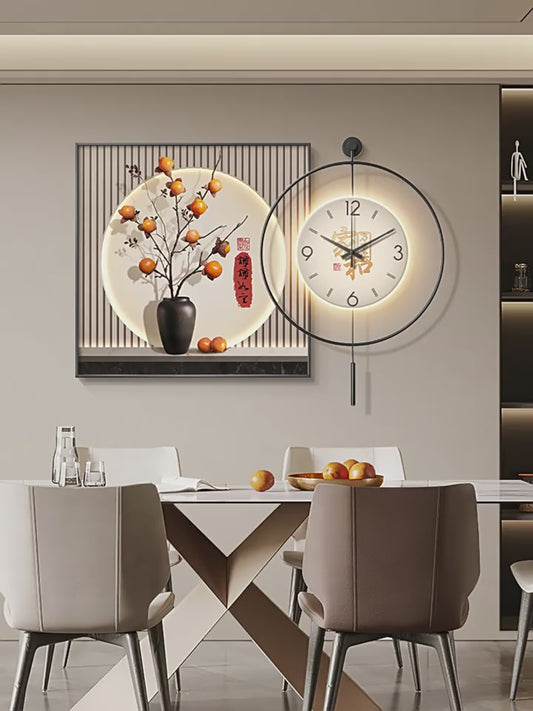 Modern light luxury restaurant decoration painting Persimmon Ruyi high-grade sense table background wall hanging painting dining room clock wall clock painting