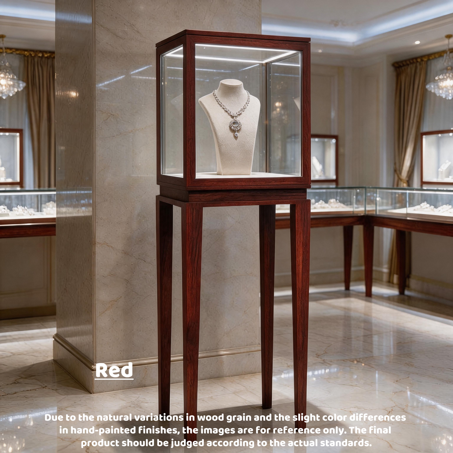 Luxury Wood Glass Display Cabinet, 360° LED Lighted Pedestal Showcase for Boutiques