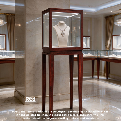 Luxury Wood Glass Display Cabinet, 360° LED Lighted Pedestal Showcase for Boutiques
