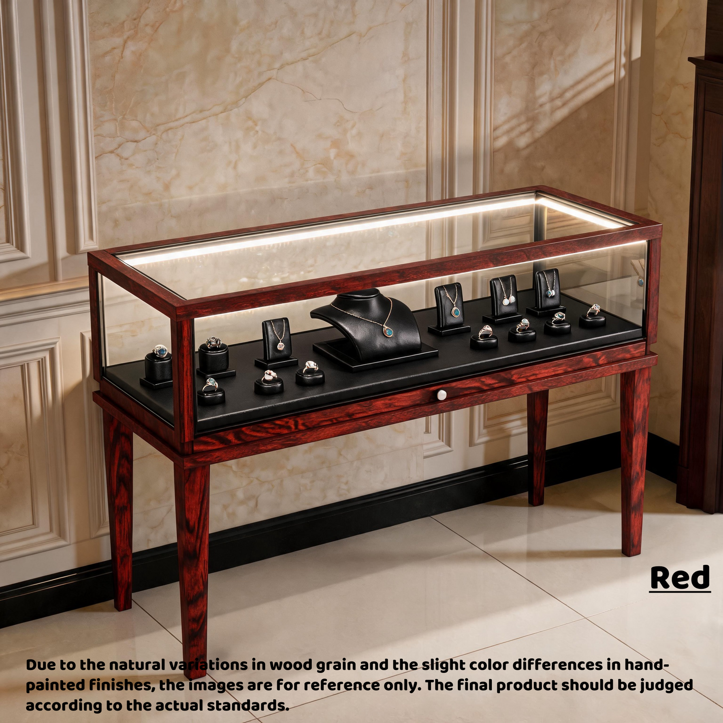 Solid Ash Wood Jewelry Display Cabinet, Adjustable LED Lighting, Retail Presentation Showcase