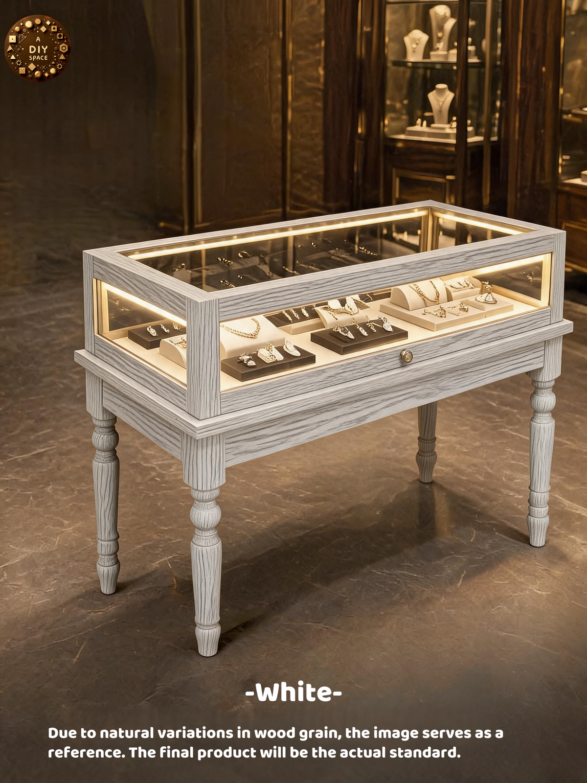 Solid Wood Jewelry Showcase – Vintage Style Display Cabinet with LED Lighting